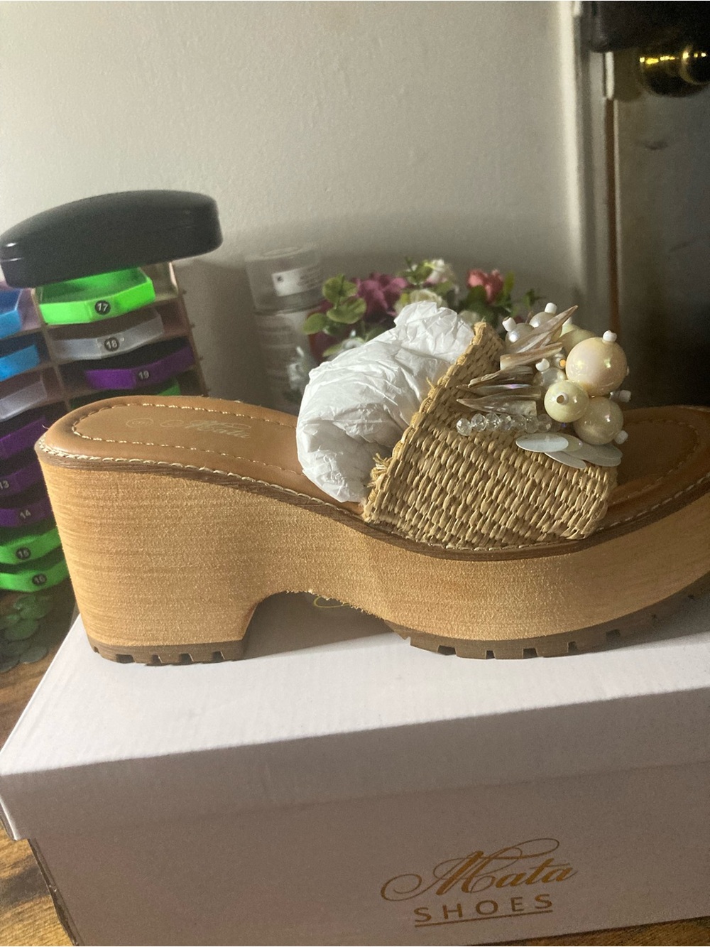 Mata Shoes Natural Woven Tan Pearl-Embellished Slide Clog